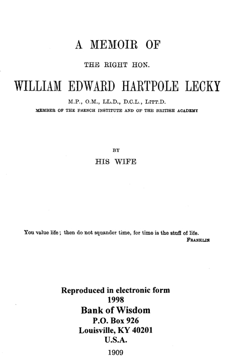 (image for) A Memoir of The Right Hon. William E. H. Lecky - Click Image to Close